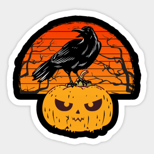 Retro sunset black crow or black raven with pumpkin Sticker